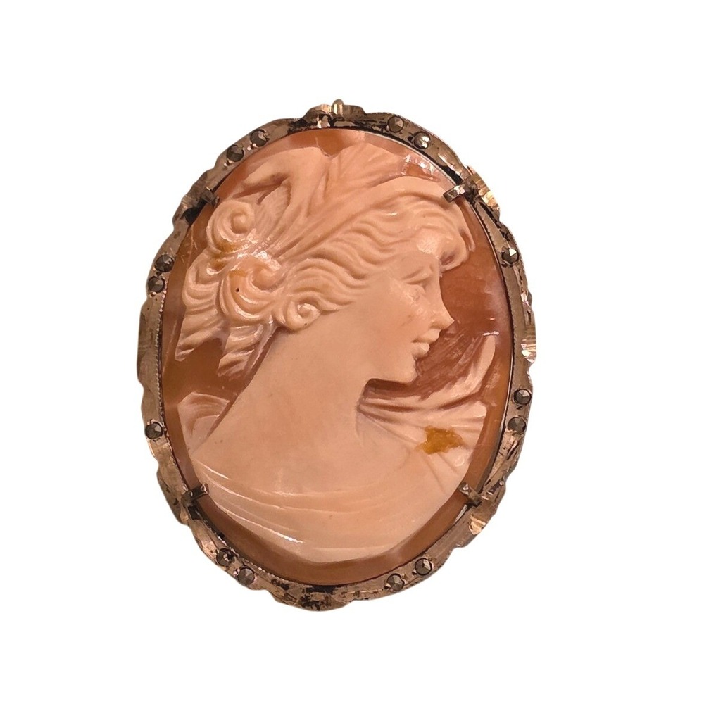 Vintage 800 Silverโ Carnelian Shell Cameo Brooch Pendant Marcasite Scalloped